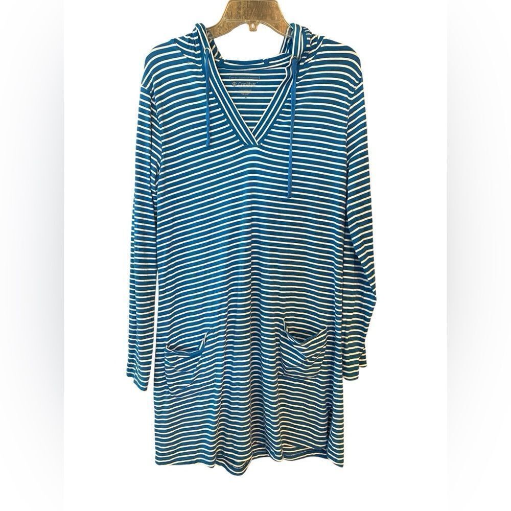 Coolibar Sz M Blue White Striped Pocket UPF 50 Hoodie Beach Swim Cover Dress